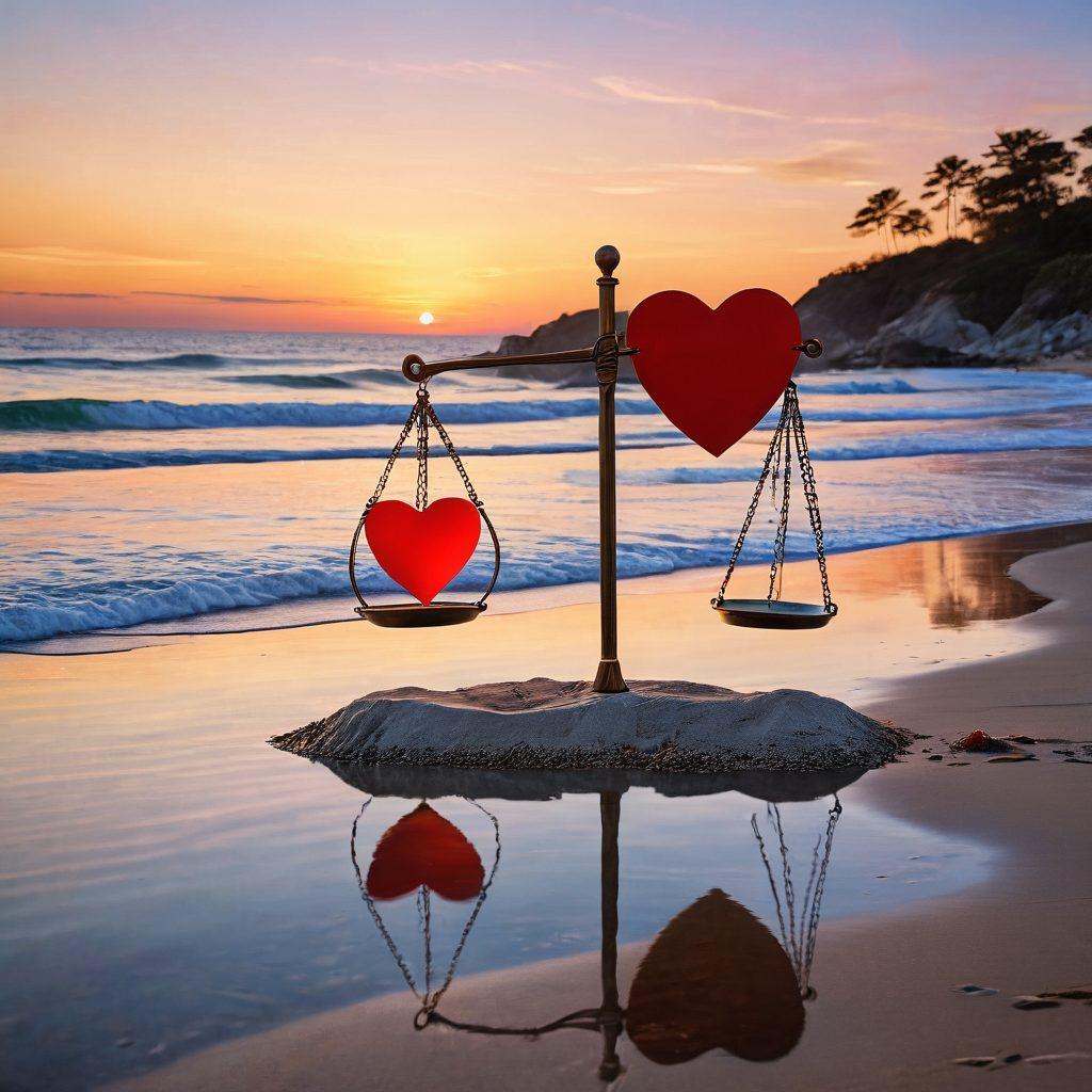 A balance scale with a heart on one side and a shield on the other, symbolizing the blend of love and protection. In the background, a romantic setting with soft lighting, perhaps a sunset over a calm beach. Incorporate elements like safety nets and financial graphs subtly integrated into the scenery, showcasing the concept of strategic protection in love. The overall mood should be warm and inviting, yet thought-provoking. super-realistic. vibrant colors. soft lighting.