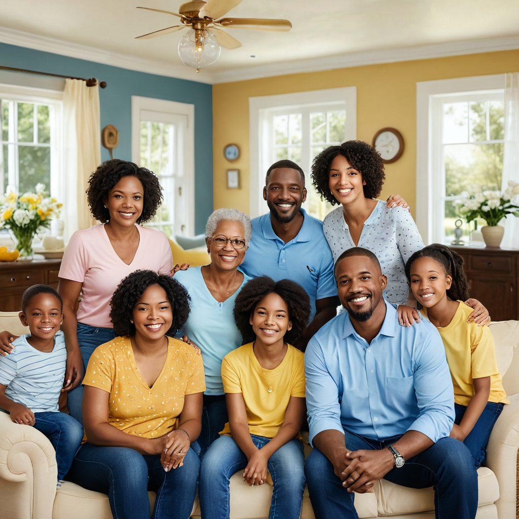 A warm and inviting scene depicting a family gathered together, smiling and sharing moments of love and support. In the background, a symbolic house representing security and comfort, adorned with floating insurance policy symbols as heart shapes. Soft, pleasant colors to evoke feelings of safety and warmth. Ideal for illustrating how insurance fosters personal relationships. super-realistic. vibrant colors.